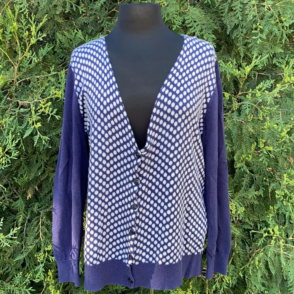 NorthCrest | Navy and White Polkadot Cardigan Sweater | Size XL